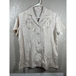 Vintage Daffodil Floral Hand‎ Embroidered Button Blouse Top Tan Womens Sz Medium